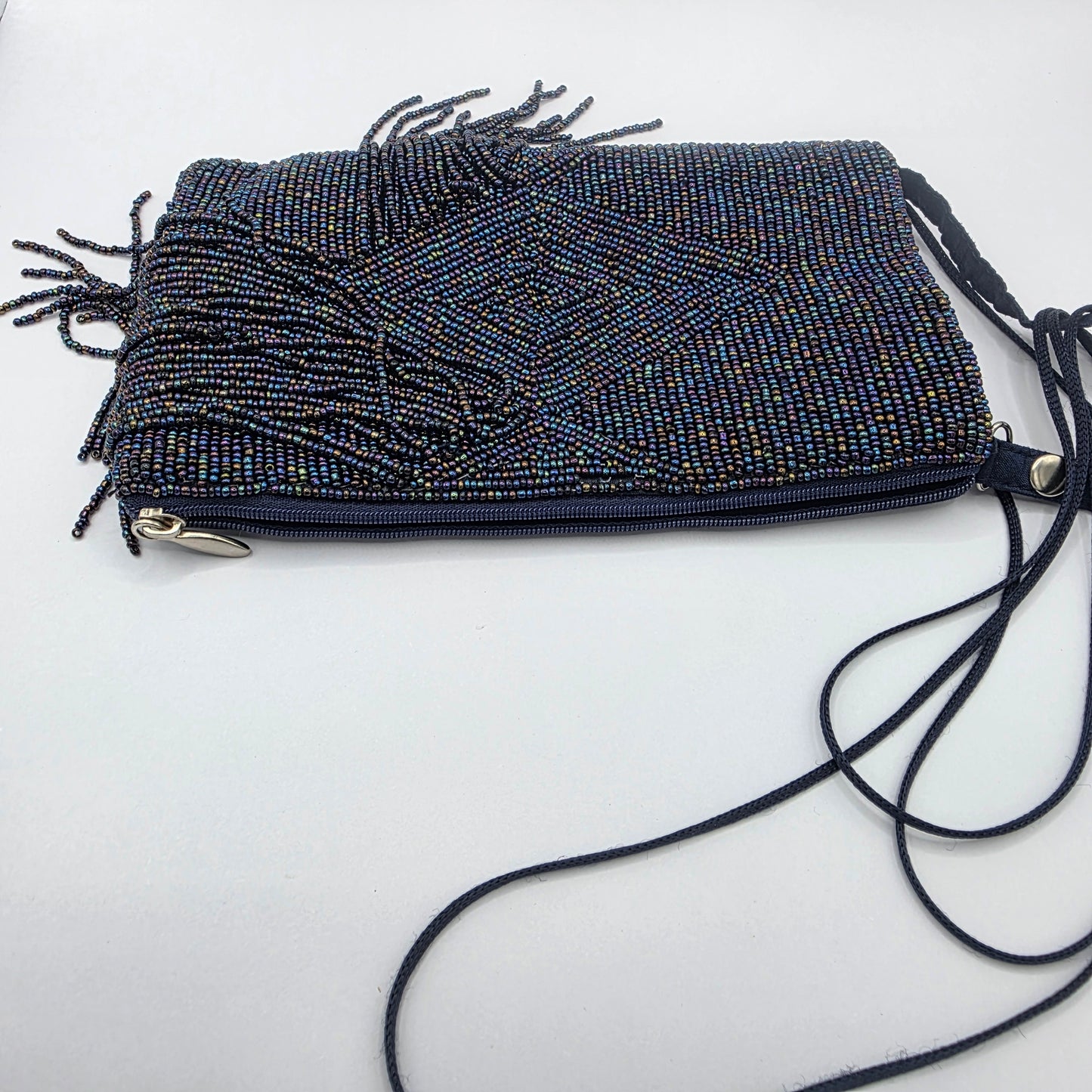 Vintage Navy Blue Beaded Evening Bag Fringe Clutch Crossbody Purse Formal Handbag