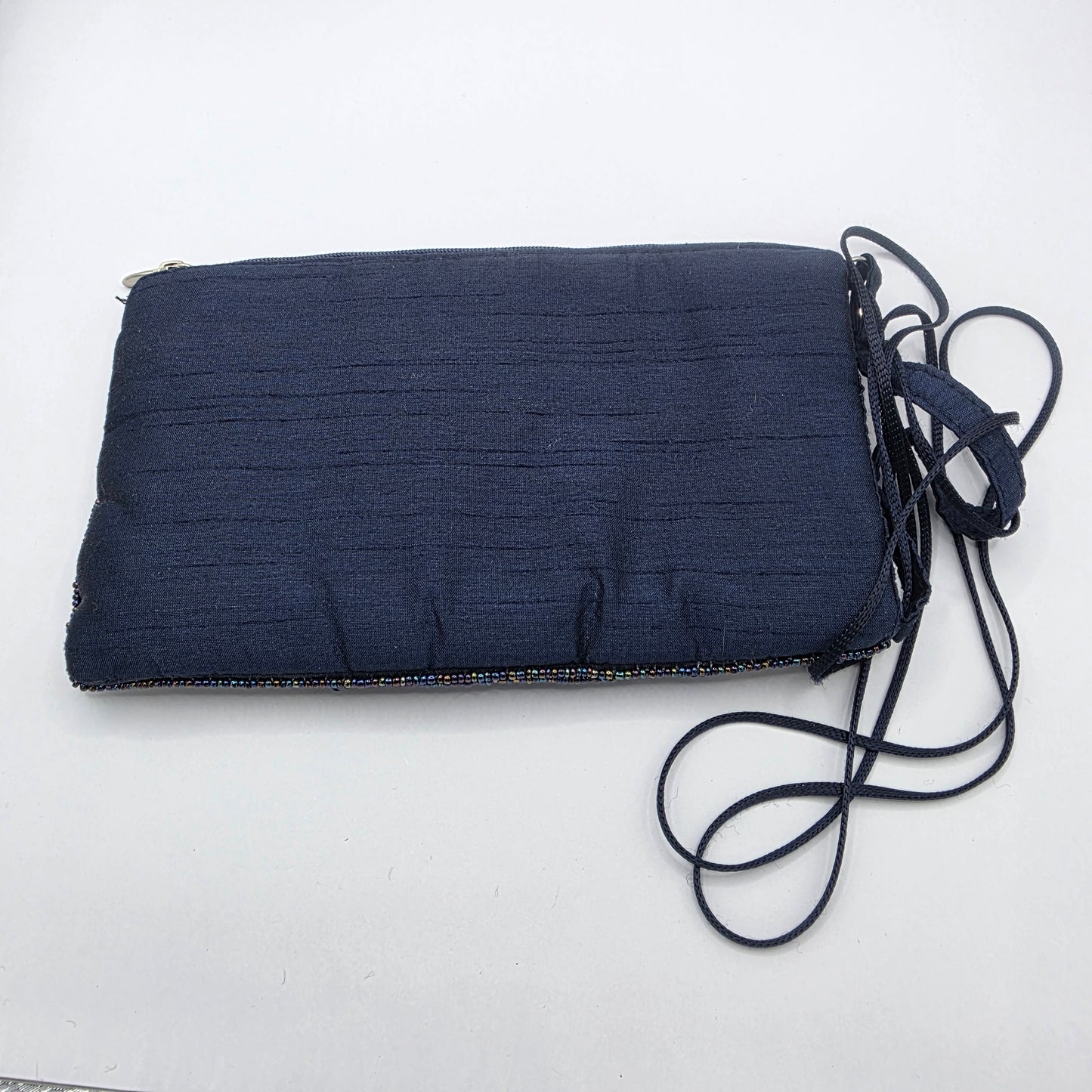 Vintage Navy Blue Beaded Evening Bag Fringe Clutch Crossbody Purse Formal Handbag