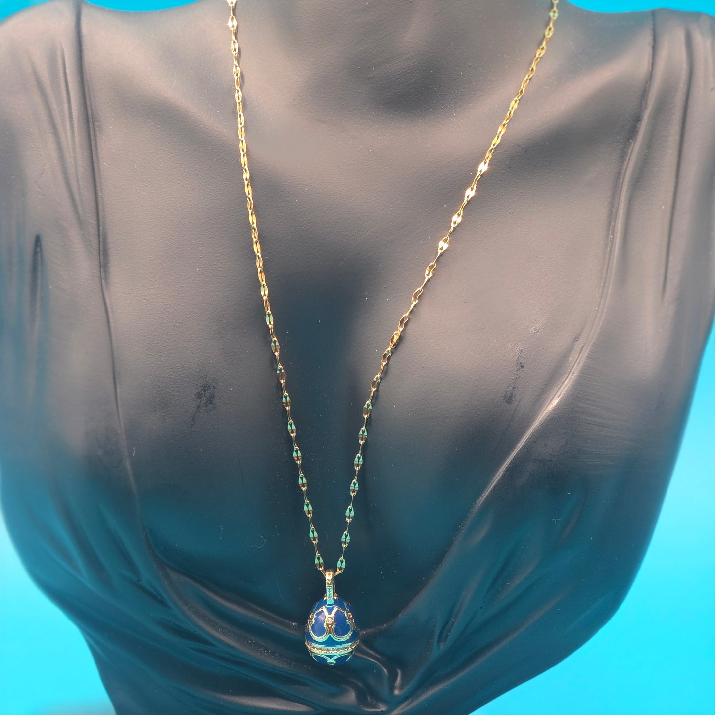 Vintage Blue Enamel Fabergé Egg Pendant Necklace Gold Tone Rhinestone Accent