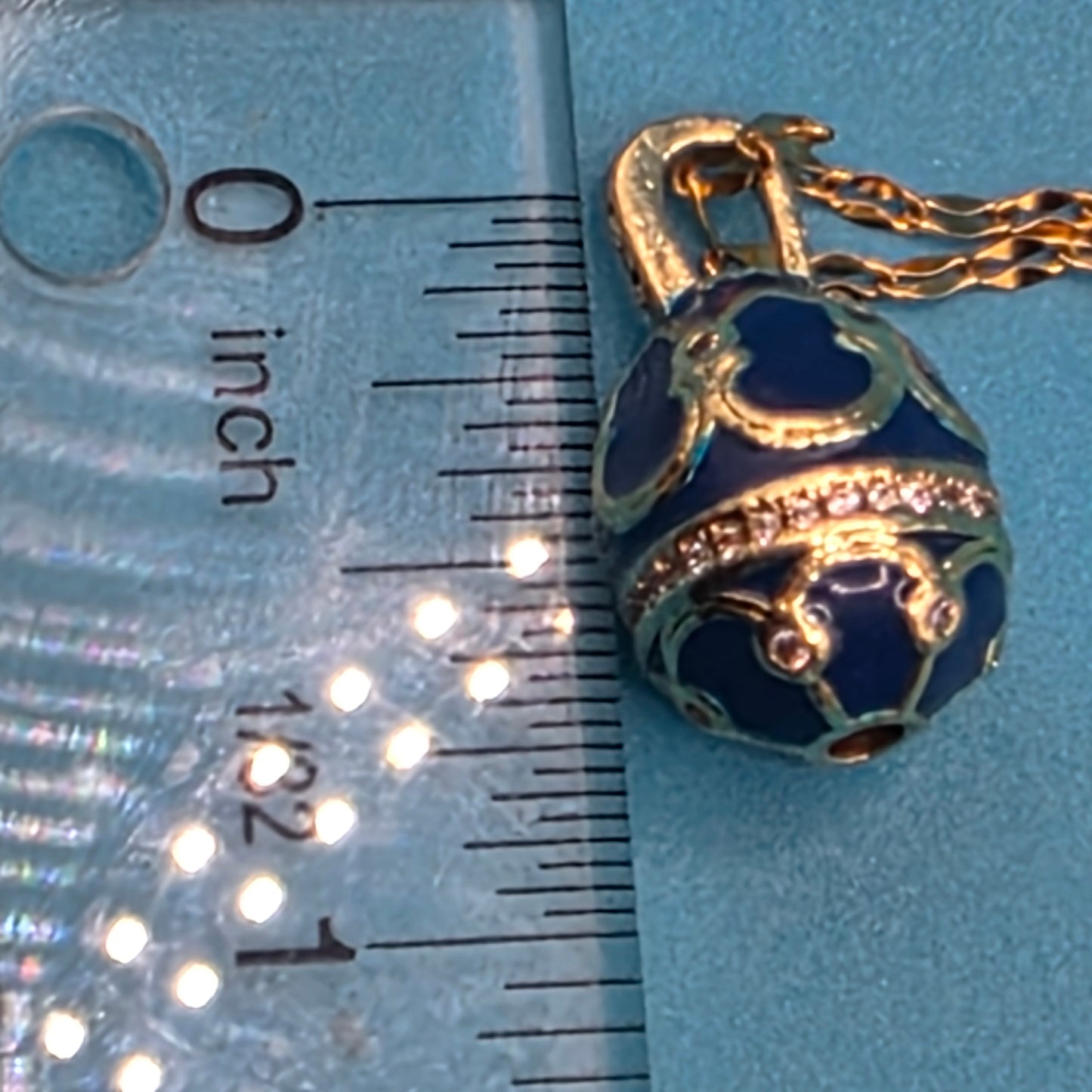 Vintage Blue Enamel Fabergé Egg Pendant Necklace Gold Tone Rhinestone Accent