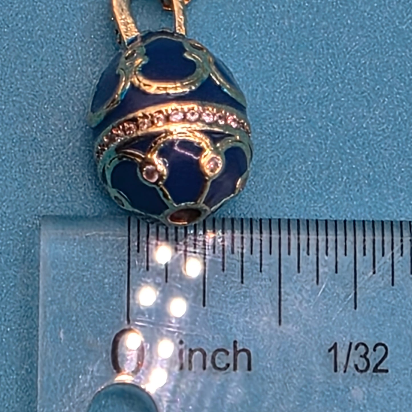 Vintage Blue Enamel Fabergé Egg Pendant Necklace Gold Tone Rhinestone Accent