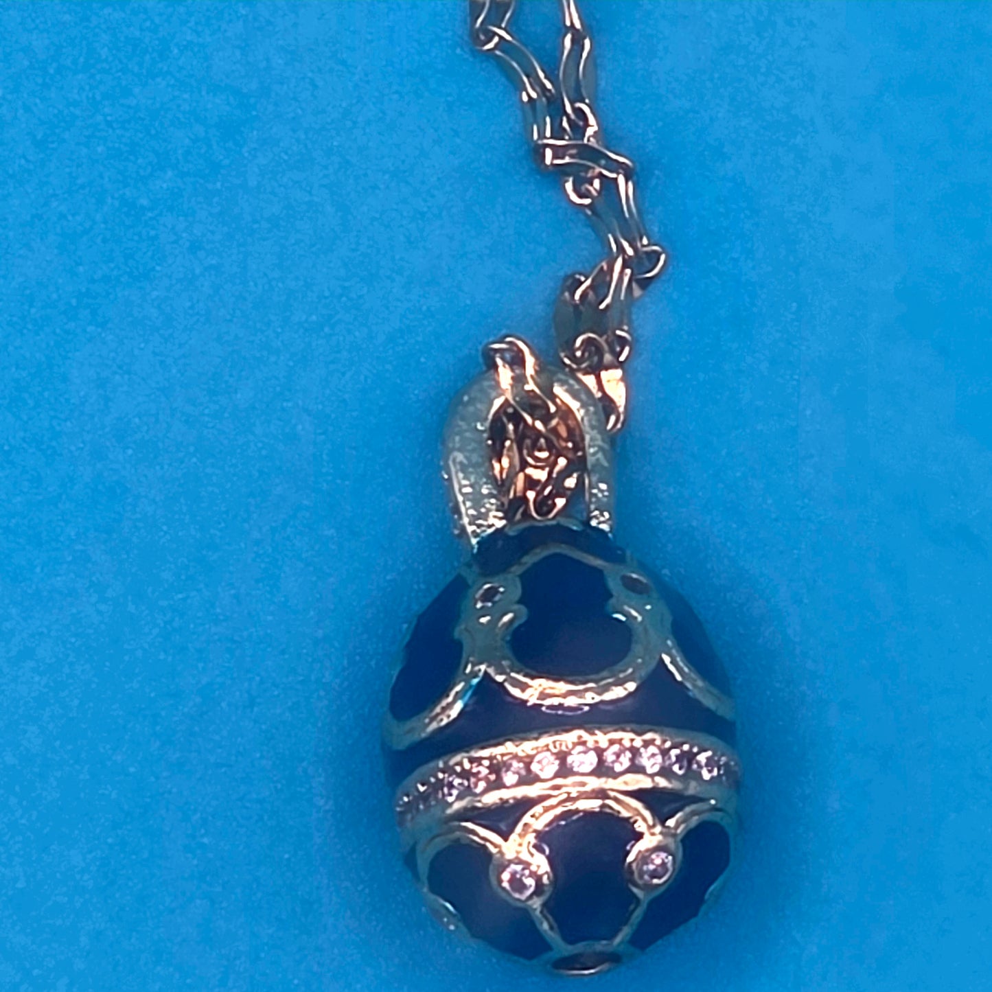 Vintage Blue Enamel Fabergé Egg Pendant Necklace Gold Tone Rhinestone Accent