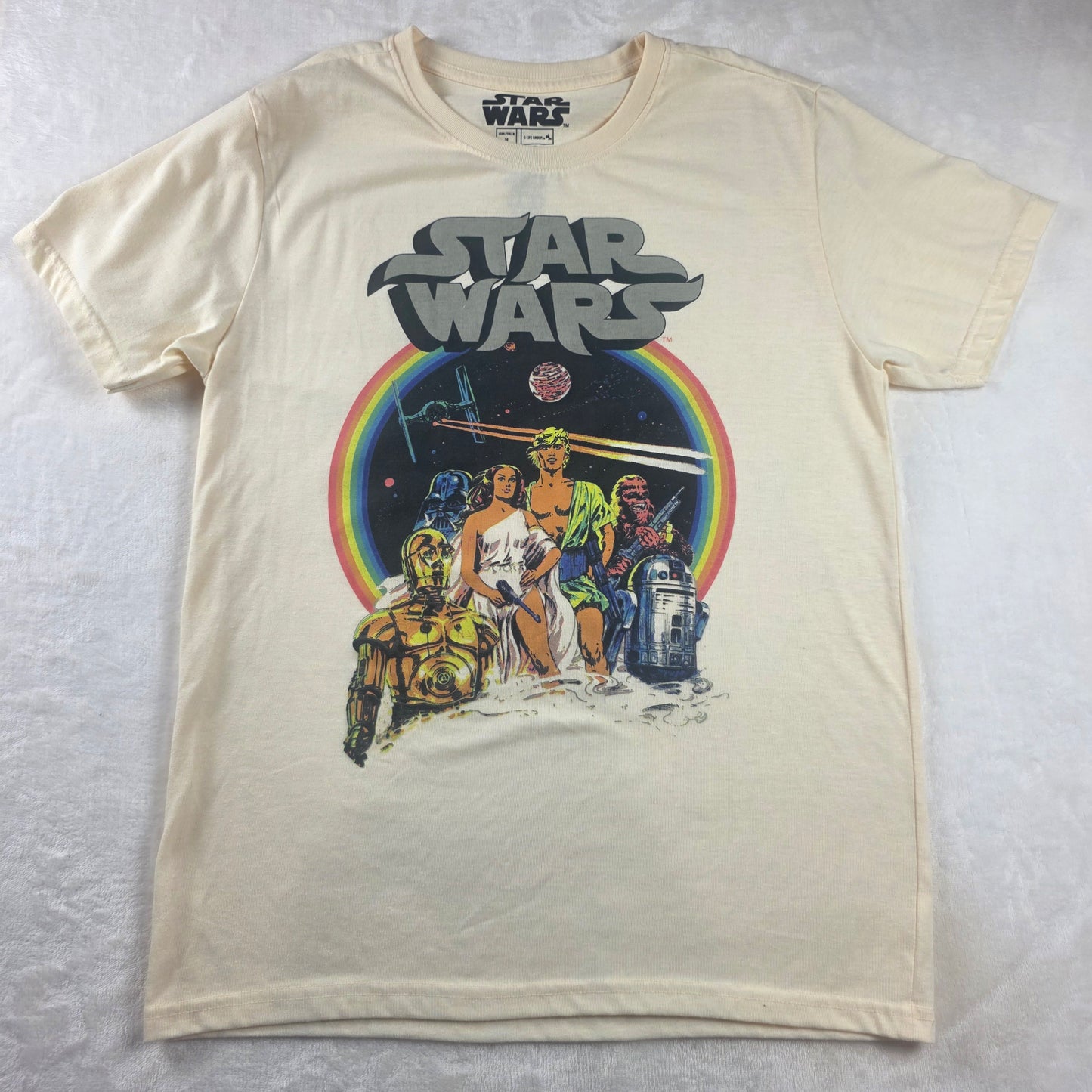 Star Wars Graphic T-Shirt Mens Medium Retro Rainbow Luke Leia Vader C3PO Tee