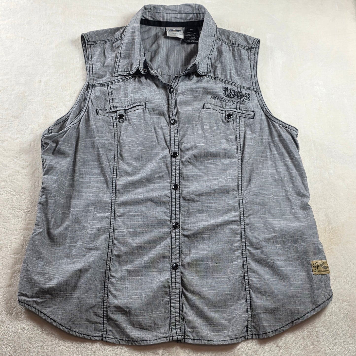 Harley Davidson Womens 2XL Sleeveless Button Front Shirt Gray Eagle Back Logo