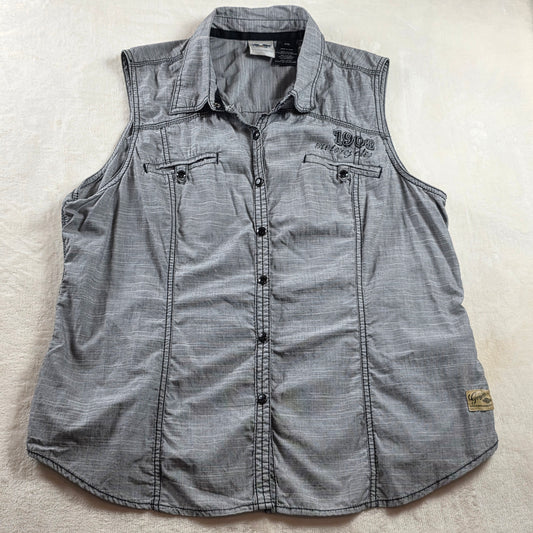 Harley Davidson Womens 2XL Sleeveless Button Front Shirt Gray Eagle Back Logo