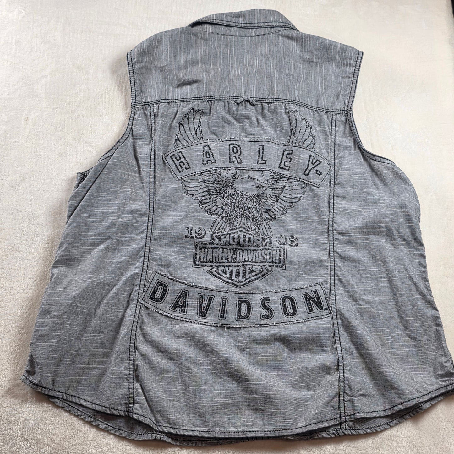 Harley Davidson Womens 2XL Sleeveless Button Front Shirt Gray Eagle Back Logo