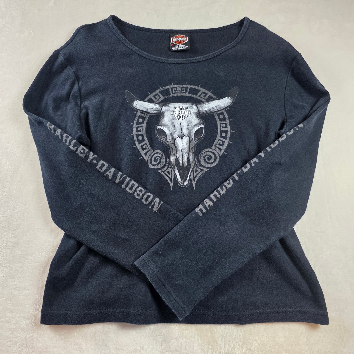 Harley Davidson Womens XL Long Sleeve Skull Graphic Black Shirt Motorcycle