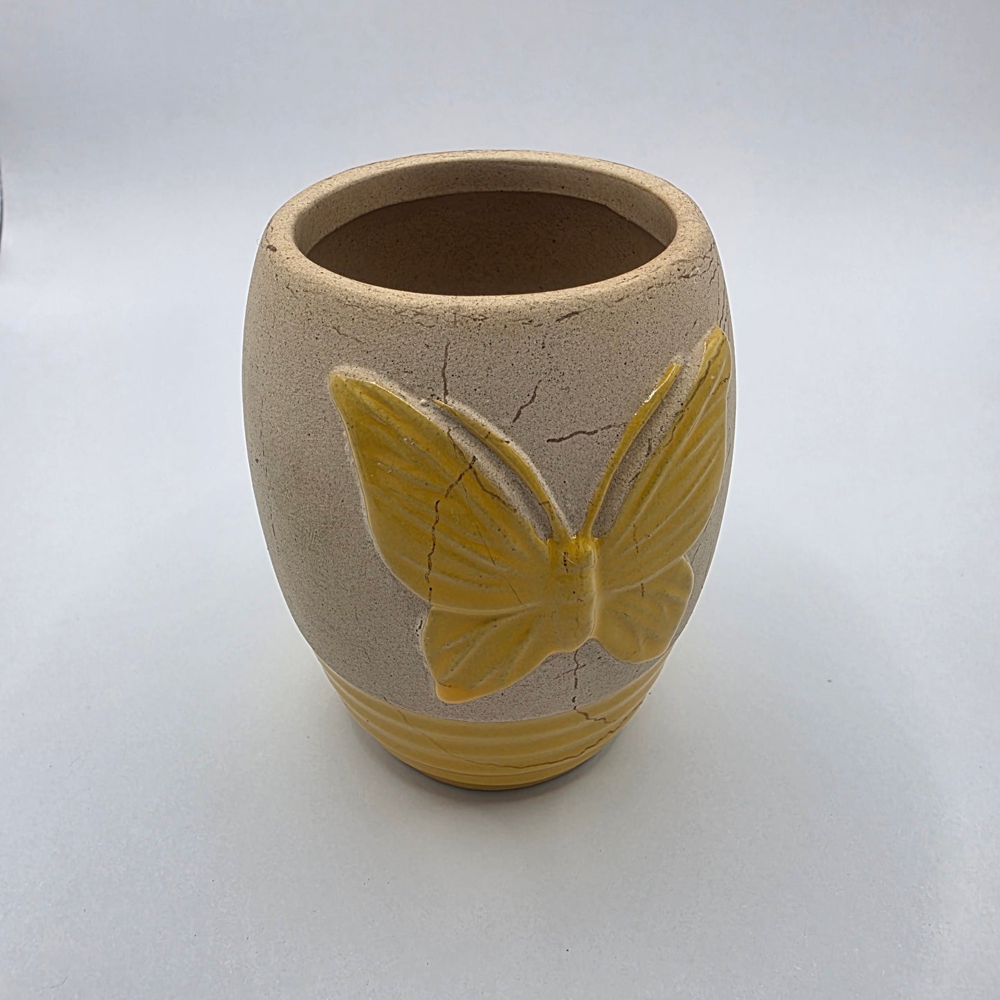 Handmade Rustic Stoneware Butterfly Vase Yellow Pottery Planter Boho Cottage