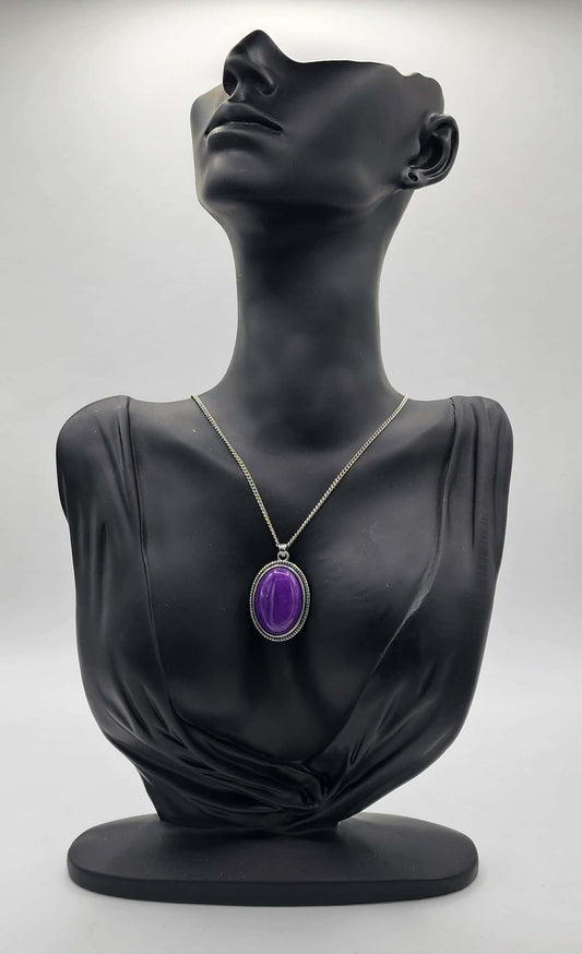 Purple Oval Statement Pendant Necklace Silver Tone Chain Bold Fashion Gift