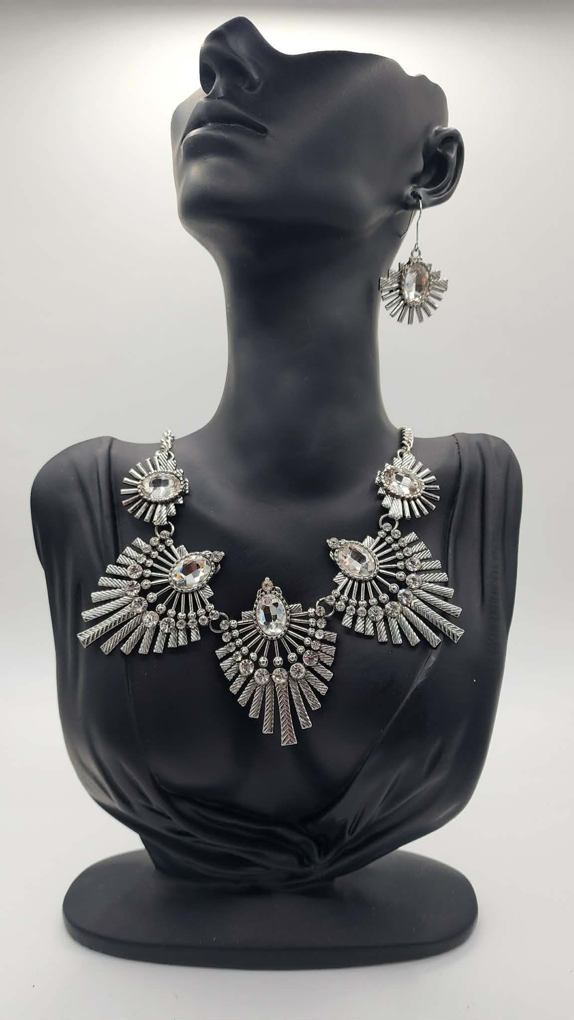 Bold Silver Tone Crystal Fan Necklace with Matching Earrings