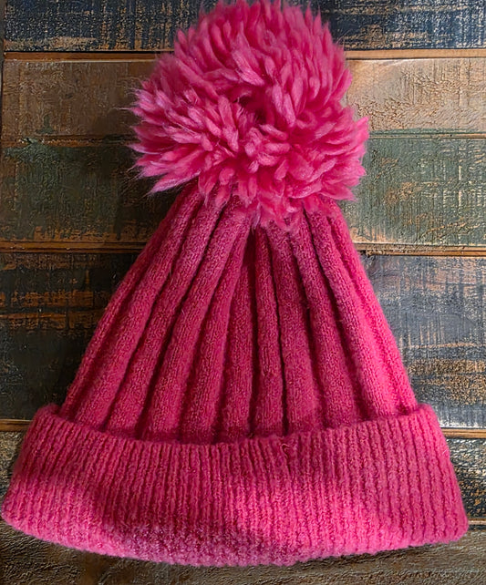 Knit Dark Pink Beanie with Pom – OSFM