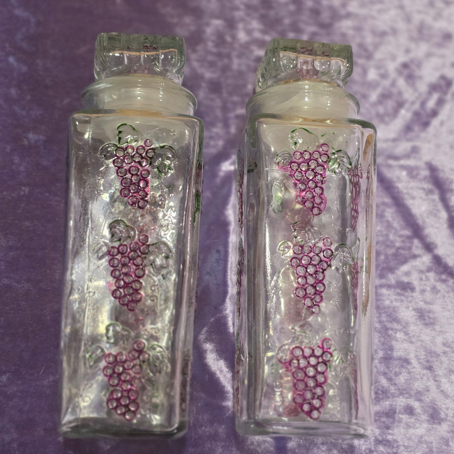 Vintage Grape Glass Bottles with Stoppers Set of 2 | Embossed Purple Grapes