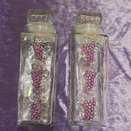 Vintage Grape Glass Bottles with Stoppers Set of 2 | Embossed Purple Grapes