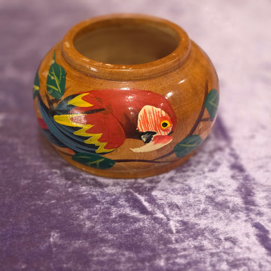 Vintage Hand Painted Wooden Parrot Bowl | Folk Art Tropical Decor | Small Wood Jar