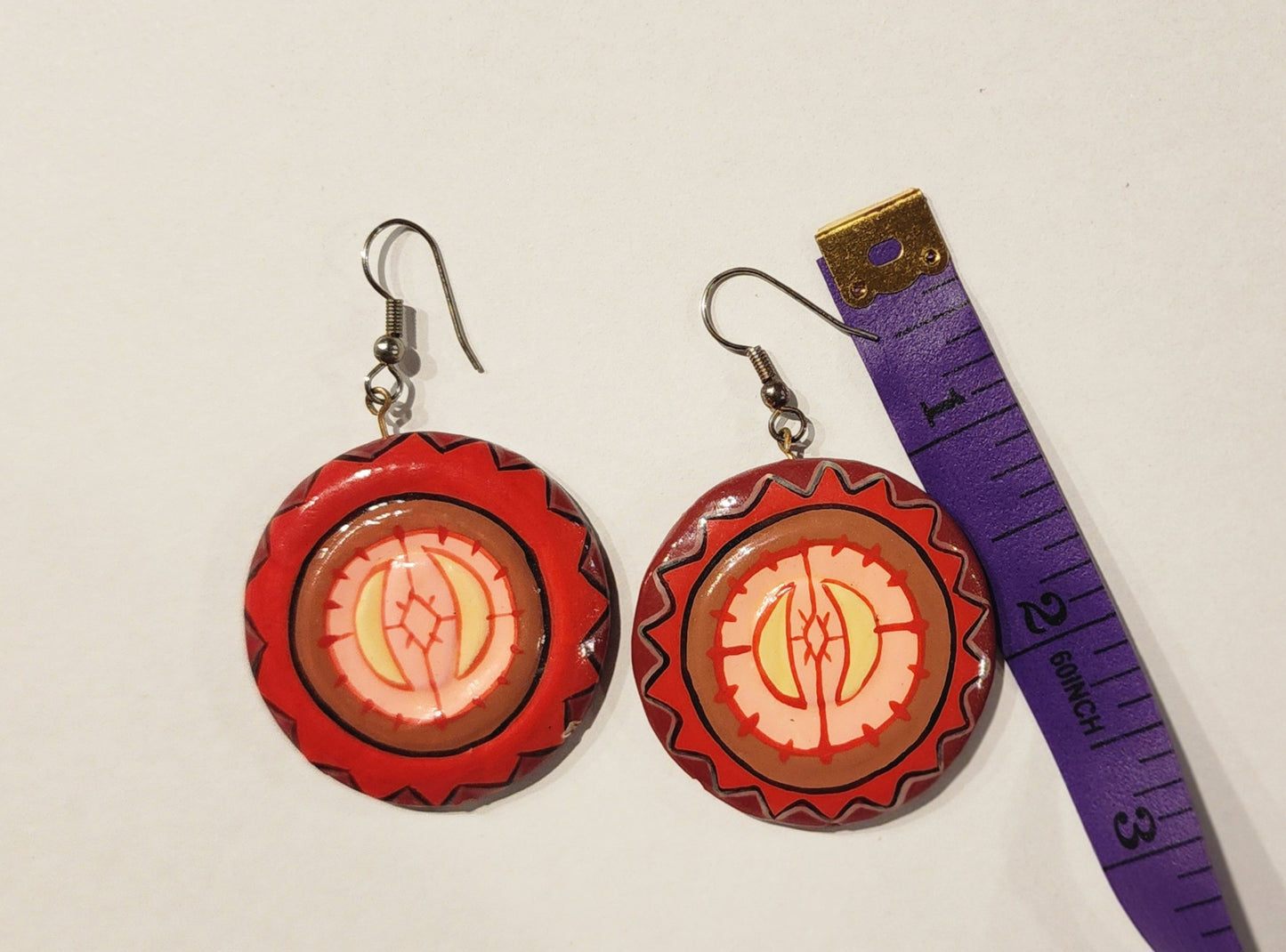 Vintage Red Round Dangle Earrings Hand-Painted Folk Art Style