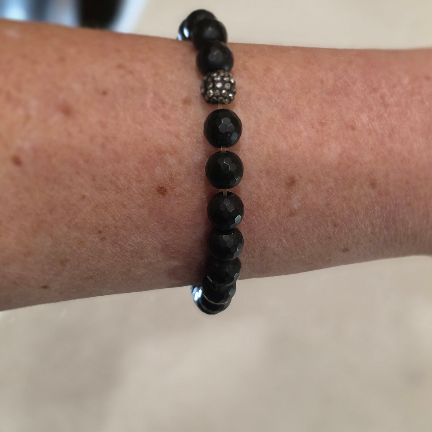 Erimish Black Beaded Stretch Bracelet with Rhinestone accent