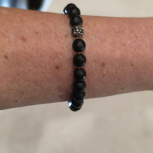 Erimish Black Beaded Stretch Bracelet with Rhinestone accent
