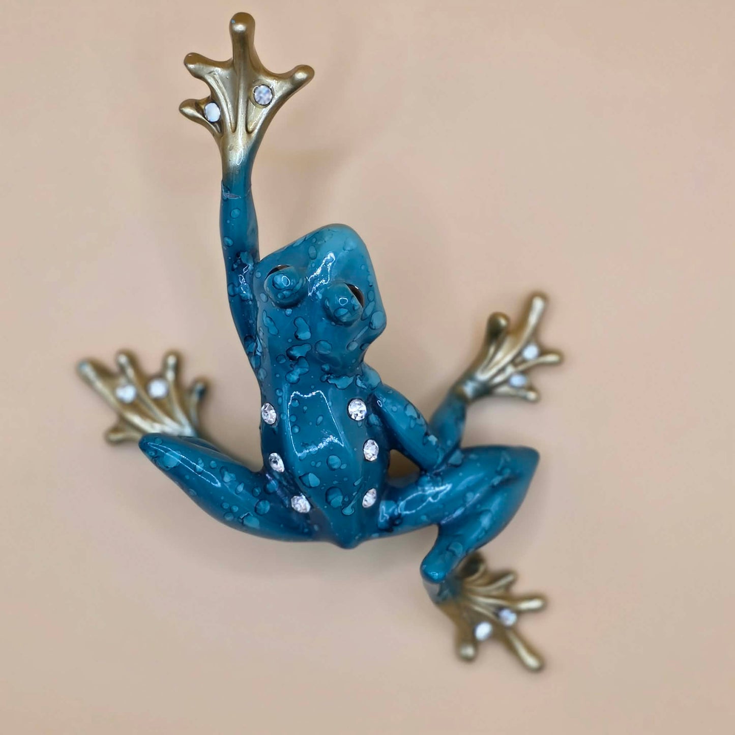 Blue Frog Figurine Rhinestone Gold Accent Frog Statue Whimsical Home Decor Cute