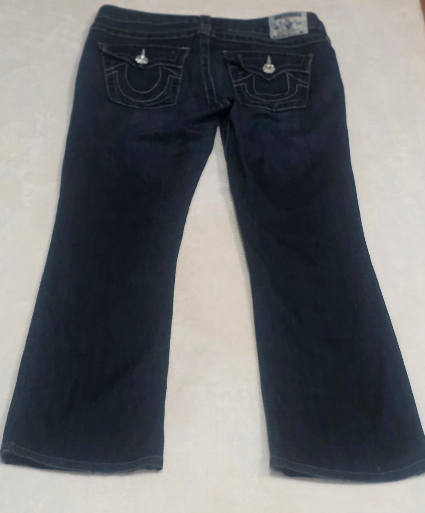 True Religion Brand Jeans Womens Size 31 Made in USA Dark Wash Flare Rhinestone Button Y2K