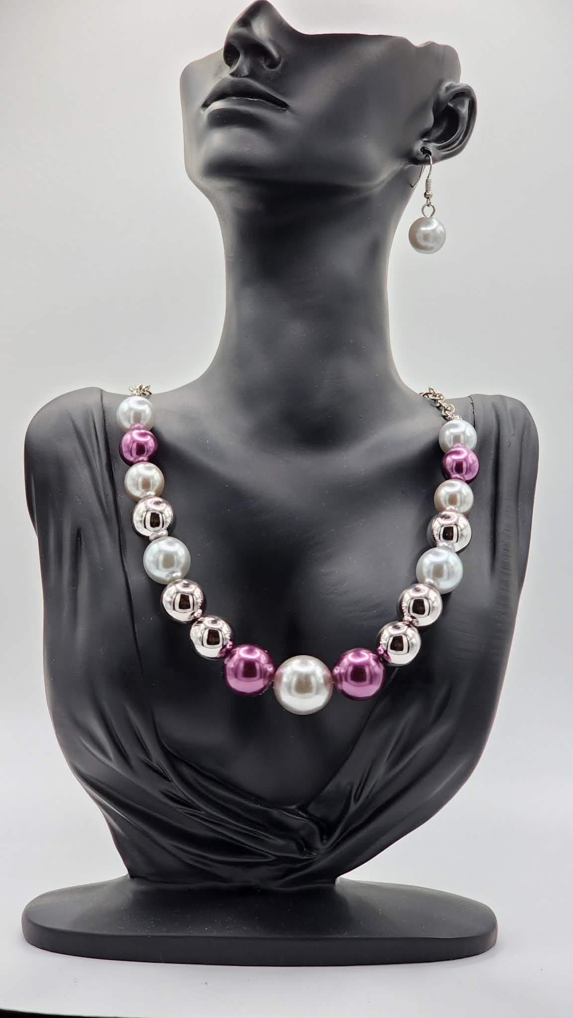 Bold Purple & Silver Tone Beaded Necklace & Dangle Earrings Set