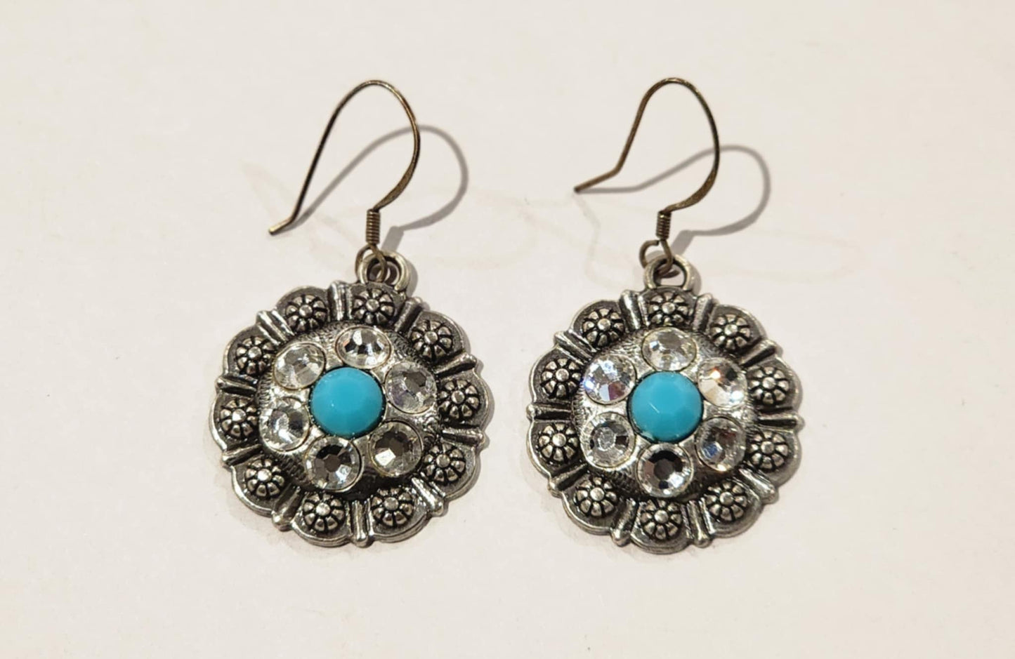 Silver Tone Turquoise & Rhinestone Floral Bracelet + Earrings Jewelry Set