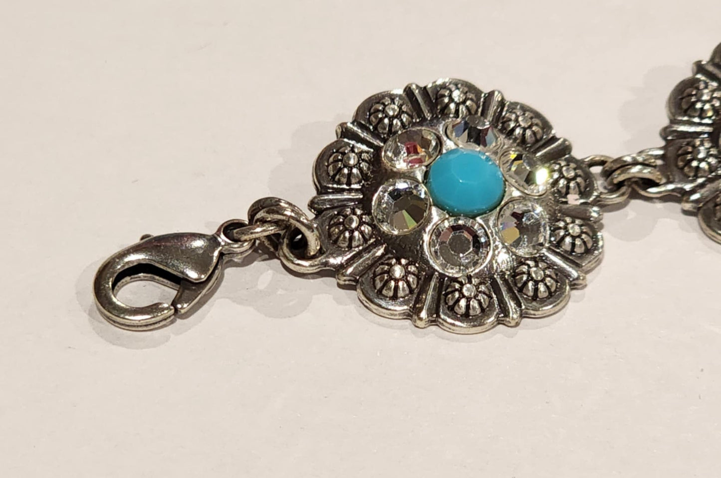 Silver Tone Turquoise & Rhinestone Floral Bracelet + Earrings Jewelry Set