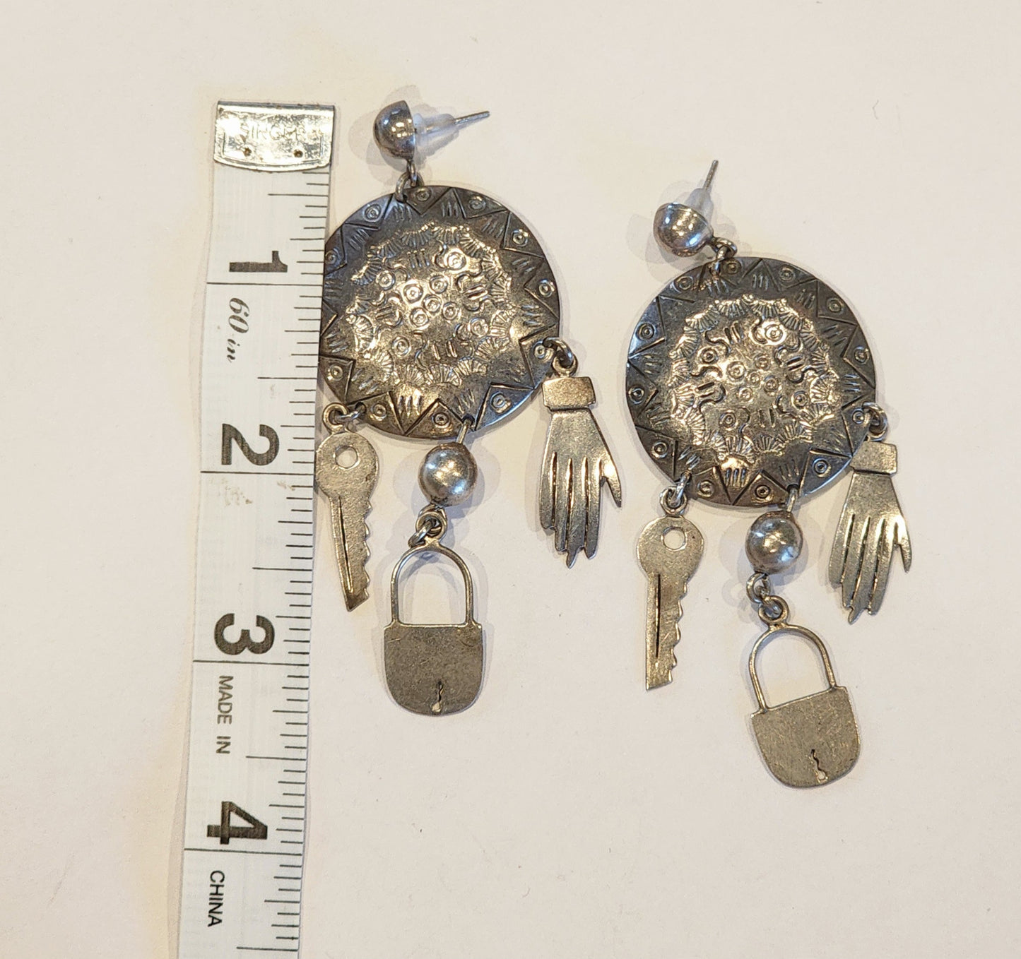 Vintage Silver Tone Charm Dangle Earrings Key Lock Hand Statement Jewelry