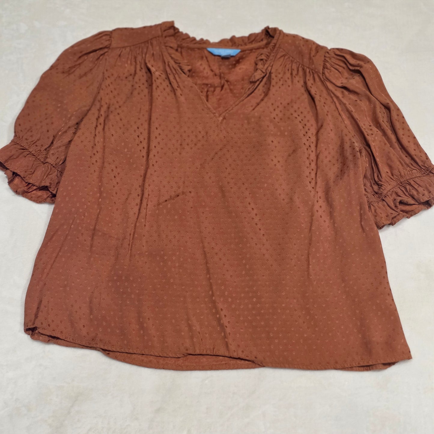 Draper James RSVP Womens Large Rust Swiss Dot Blouse Tie Neck Boho Short Sleeve