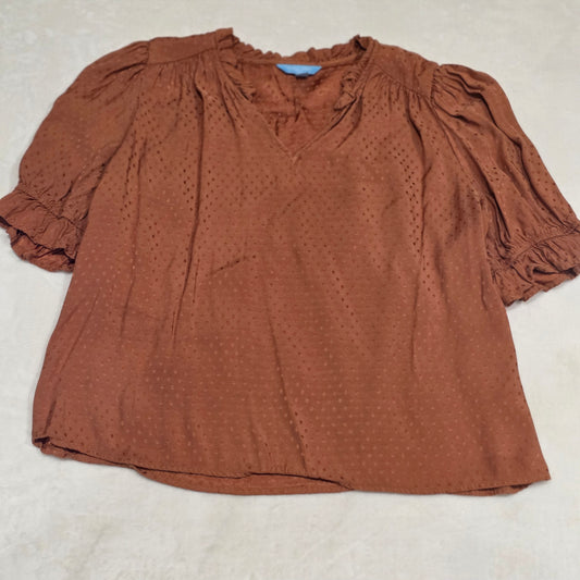 Draper James RSVP Womens Large Rust Swiss Dot Blouse Tie Neck Boho Short Sleeve