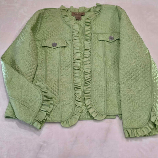 Peck & Peck Weekend Quilted Silk Jacket Green Ruffle Trim Women’s L Cottagecore