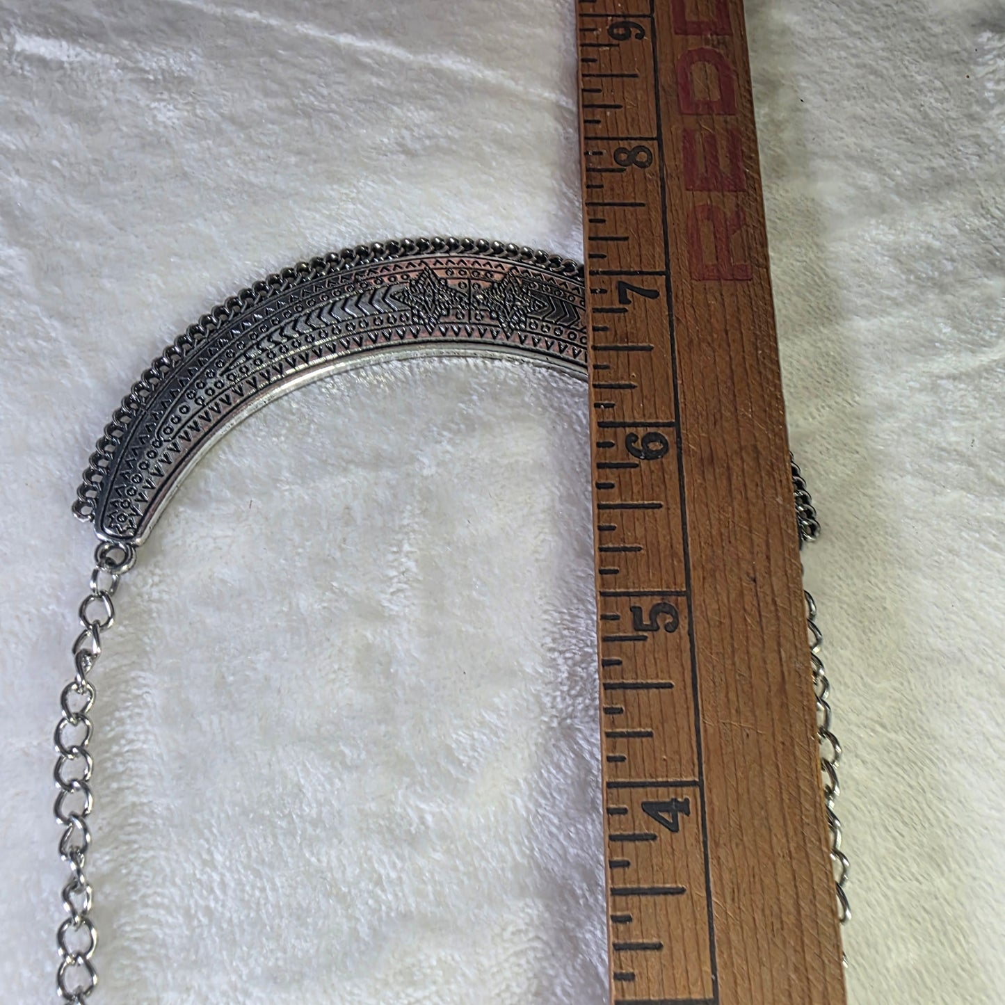 Tribal Inspired Silver Tone Collar Necklace Ornate Silver Tone Crescent Pendant