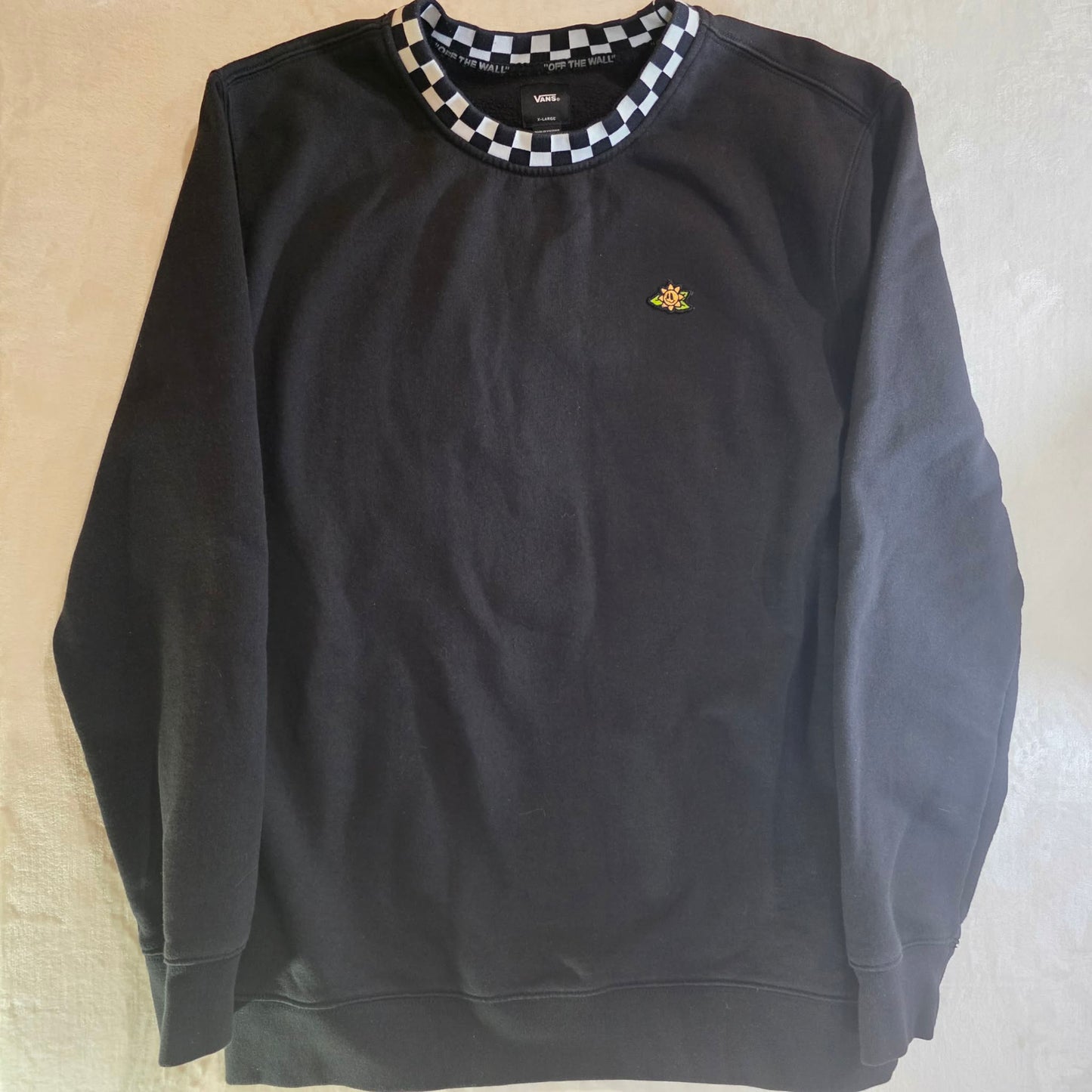 Vans Off The Wall Black Fleece Crewneck Sweatshirt Checkerboard Collar XL