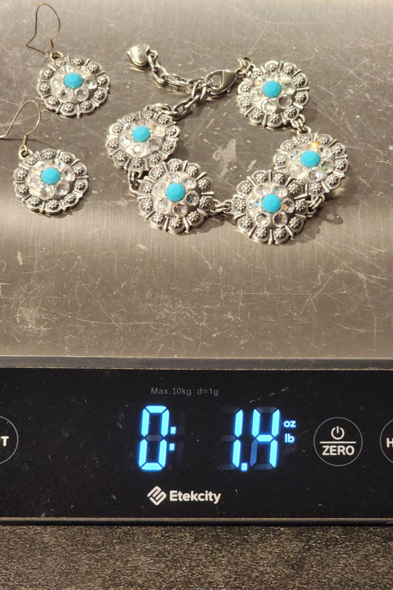 Silver Tone Turquoise & Rhinestone Floral Bracelet + Earrings Jewelry Set