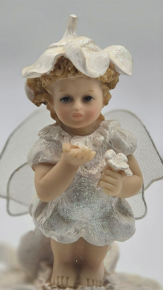 Fairy Angel Figurine White Flower Blossom Glitter Wings Shelf Decor Cottagecore