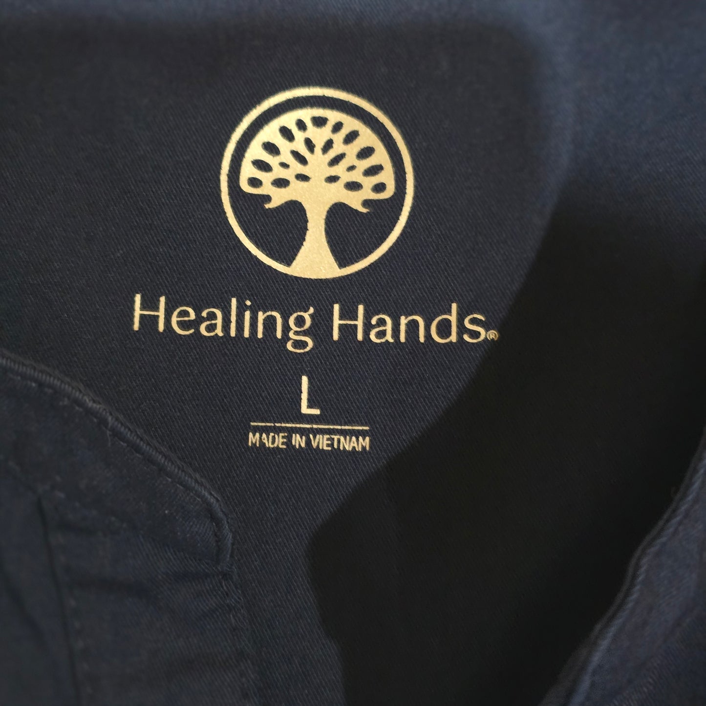 Womens Healing Hands Navy Blue Scrub Top Large Medical Nurse Uniform Shirt