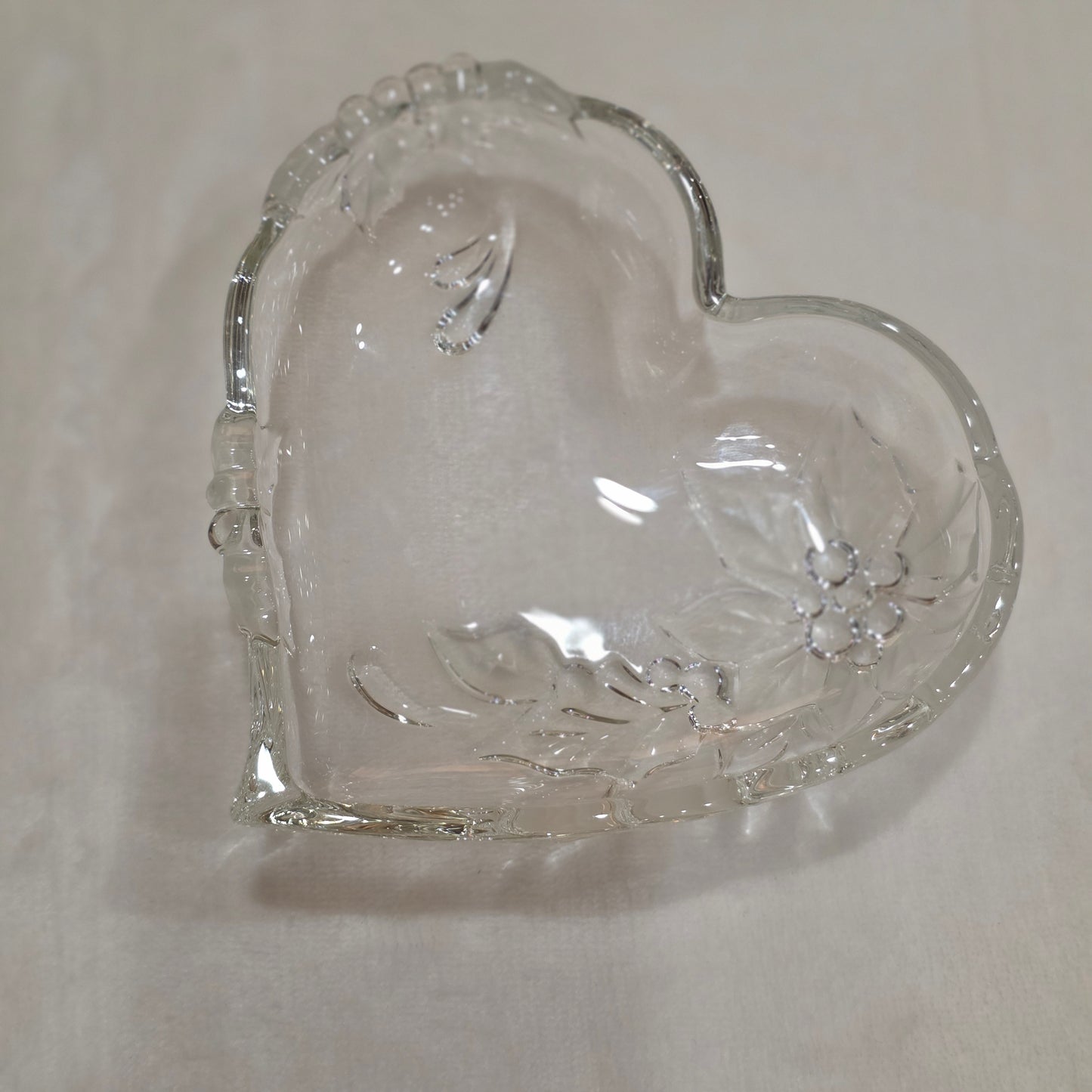 Vintage Clear Pressed Glass Heart Trinket Dish with Floral Detail