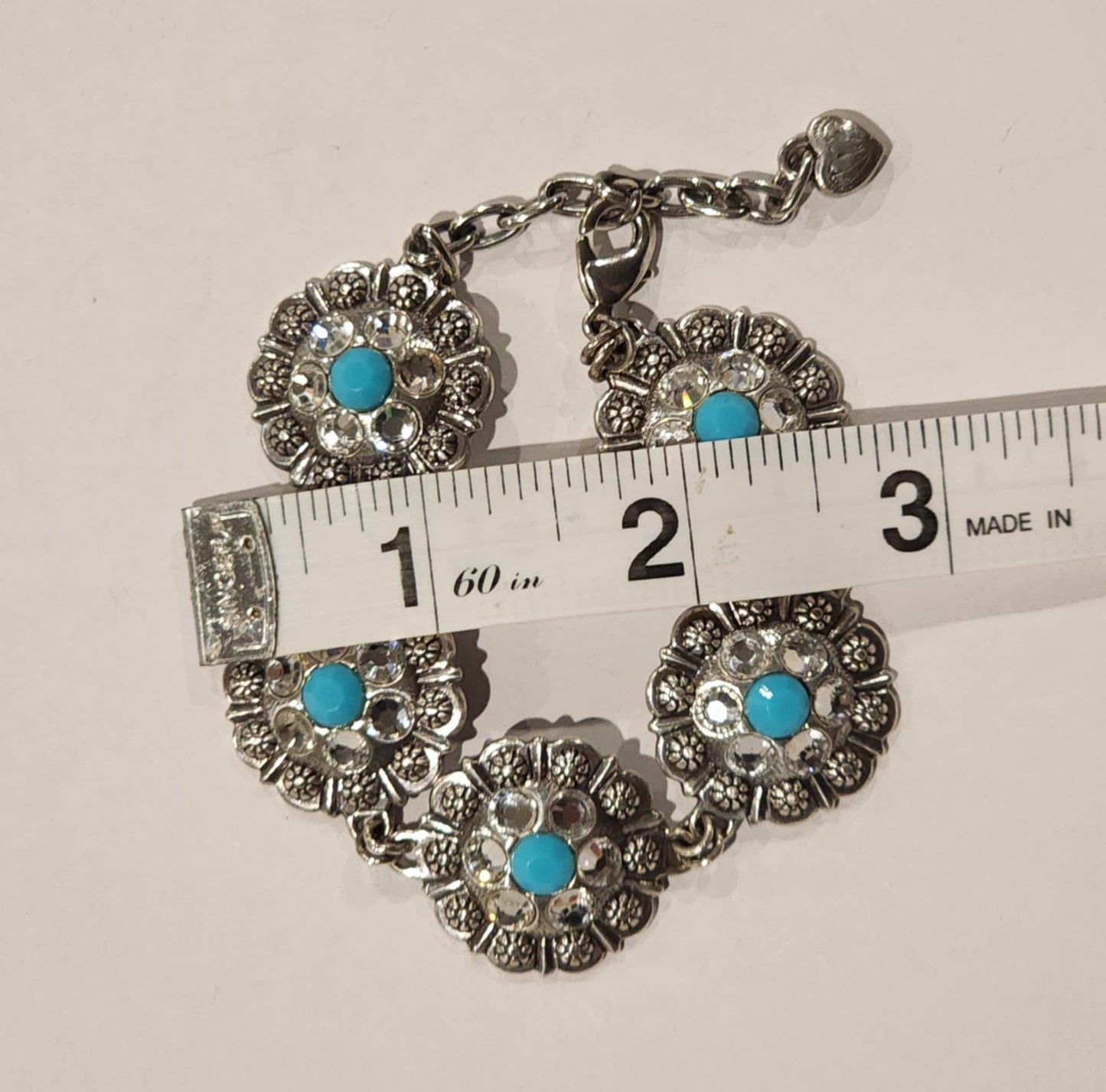 Silver Tone Turquoise & Rhinestone Floral Bracelet + Earrings Jewelry Set