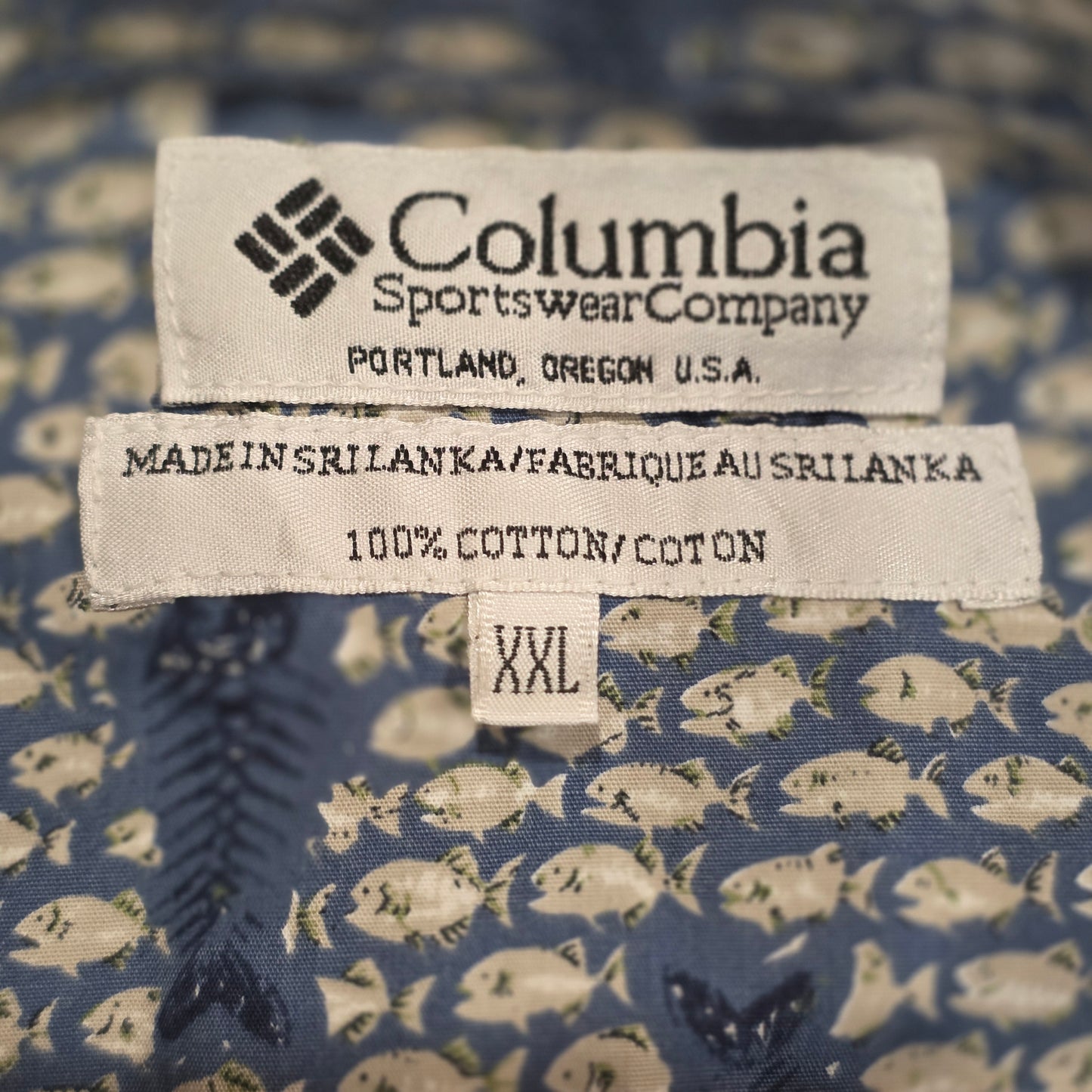 Columbia Sportswear XXL Fish Print Button Up Shirt Mens Blue Fishing Casual Cotton