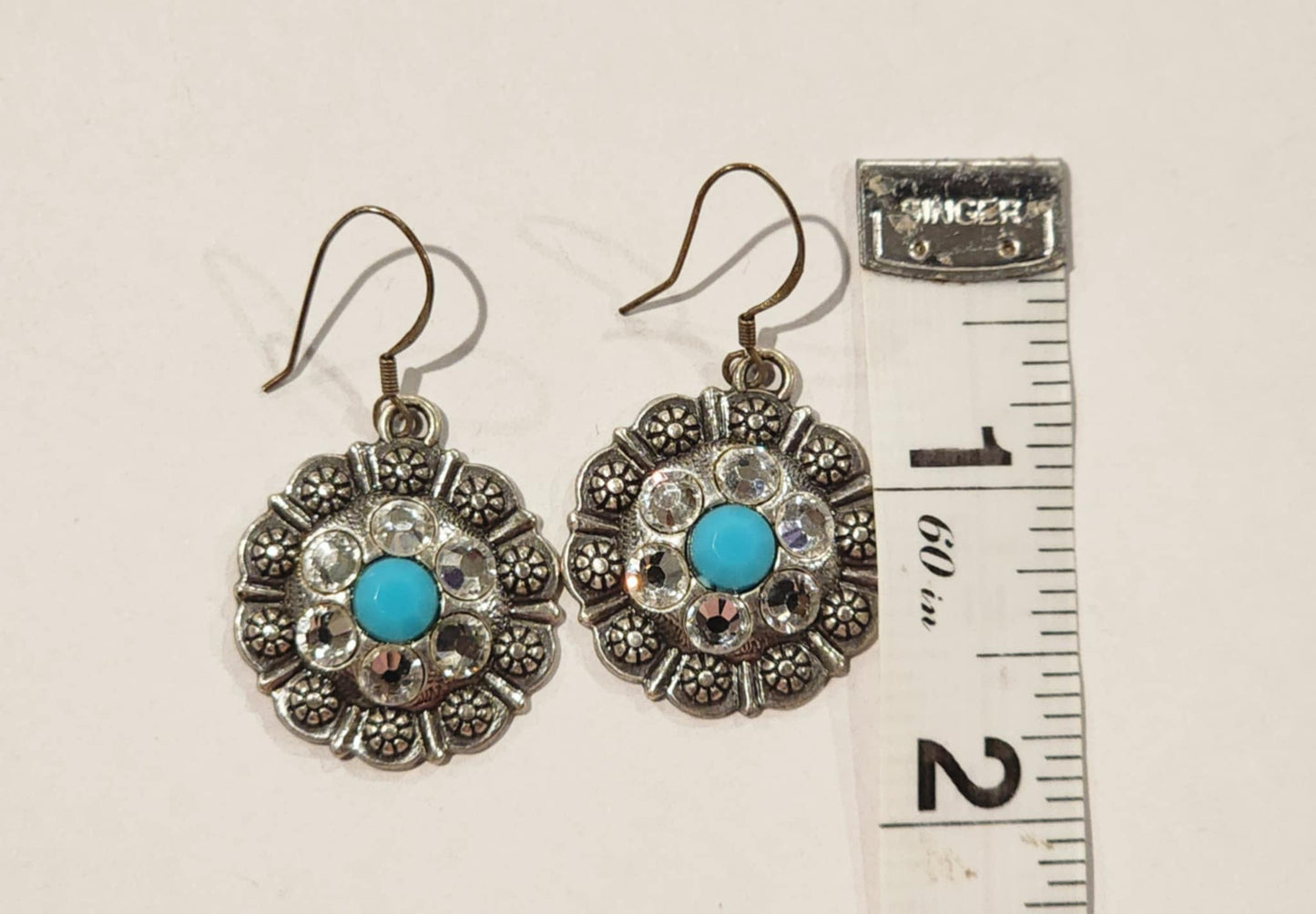 Silver Tone Turquoise & Rhinestone Floral Bracelet + Earrings Jewelry Set
