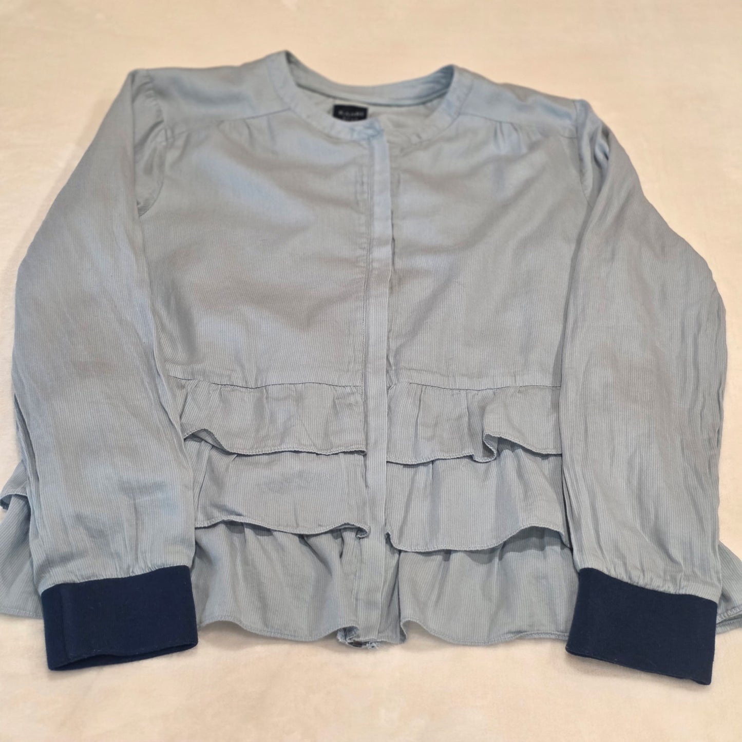 Kaari Blue Light Wash Ruffle Hem Zip Front Jacket Top Peplum – Women’s Large