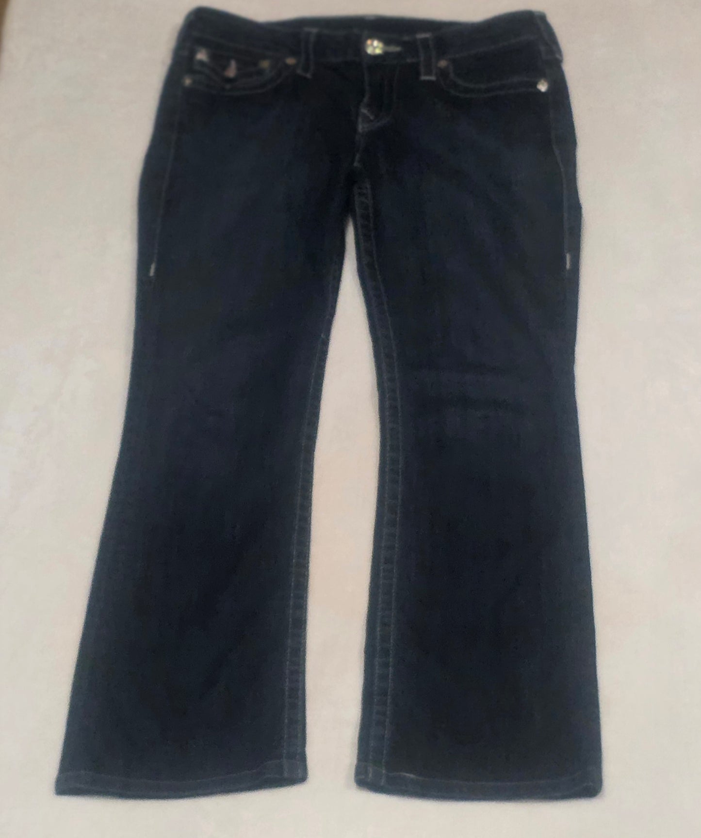 True Religion Brand Jeans Womens Size 31 Made in USA Dark Wash Flare Rhinestone Button Y2K