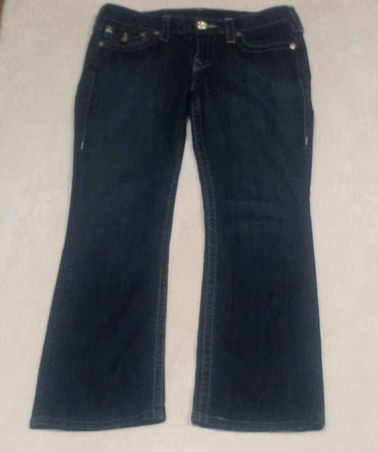 True Religion Brand Jeans Womens Size 31 Made in USA Dark Wash Flare Rhinestone Button Y2K