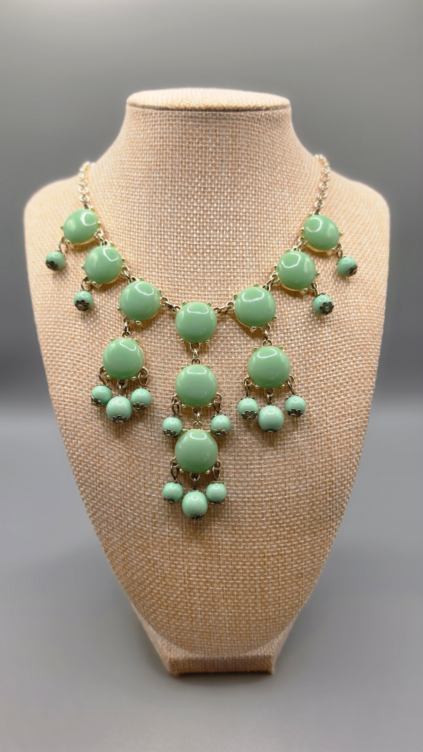 Jane Stone Mint Green Beaded Statement Necklace Silver Tone Bib Style Chandelier
