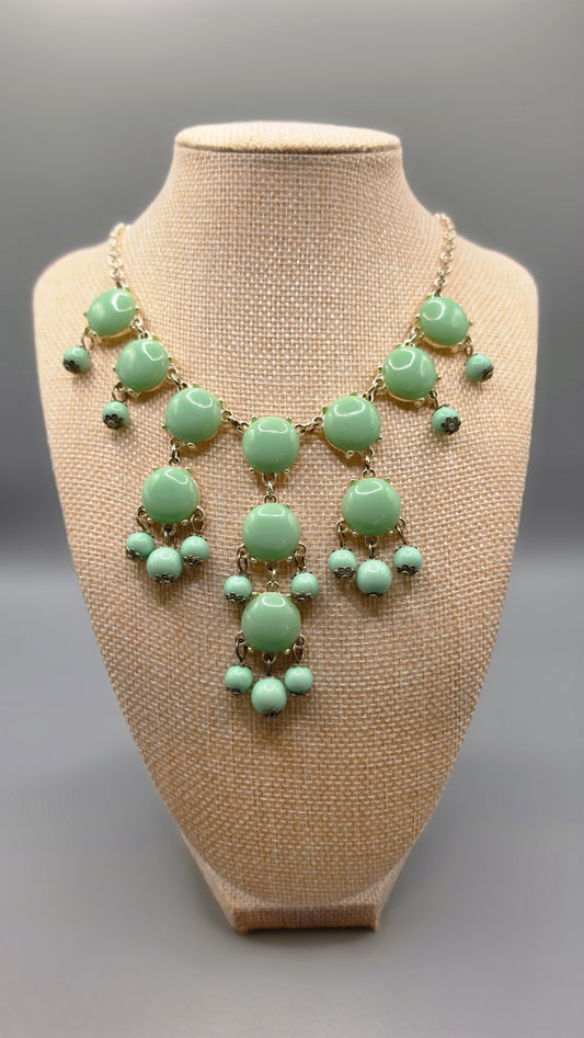Jane Stone Mint Green Beaded Statement Necklace Silver Tone Bib Style Chandelier
