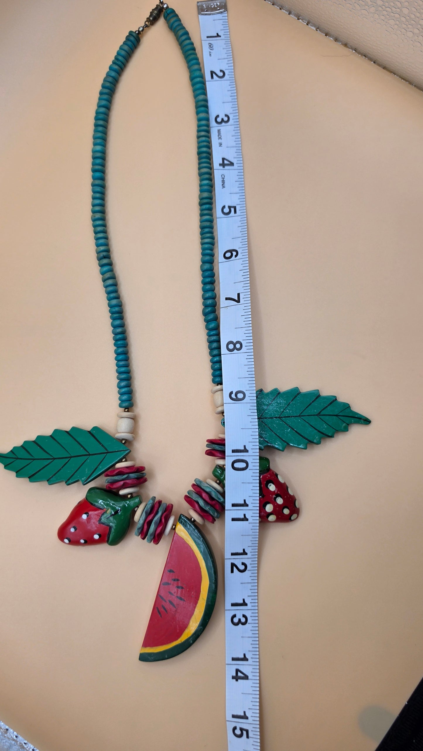 Vintage Fruit Salad Watermelon Strawberry Statement Necklace Wooden Bead Bib