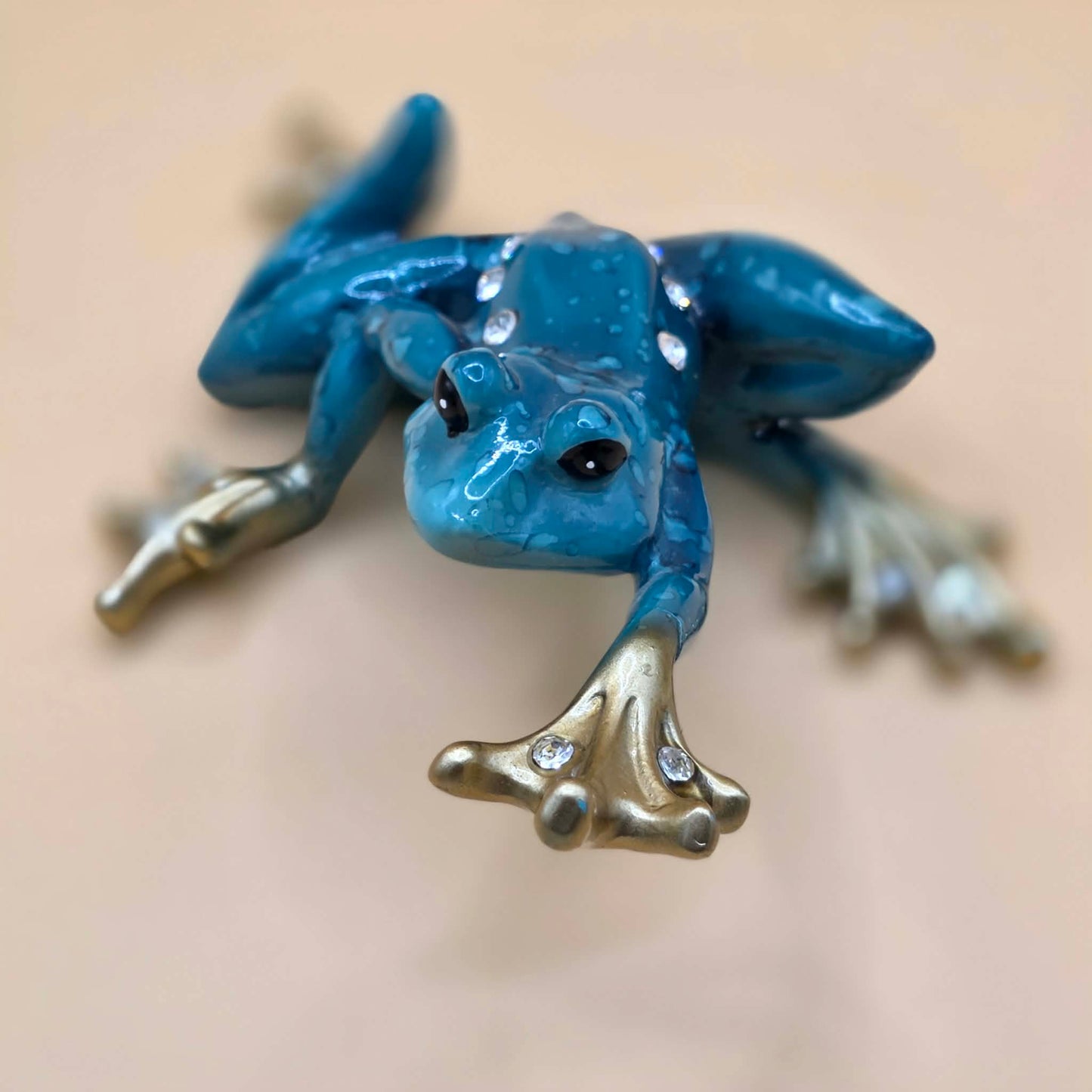 Blue Frog Figurine Rhinestone Gold Accent Frog Statue Whimsical Home Decor Cute