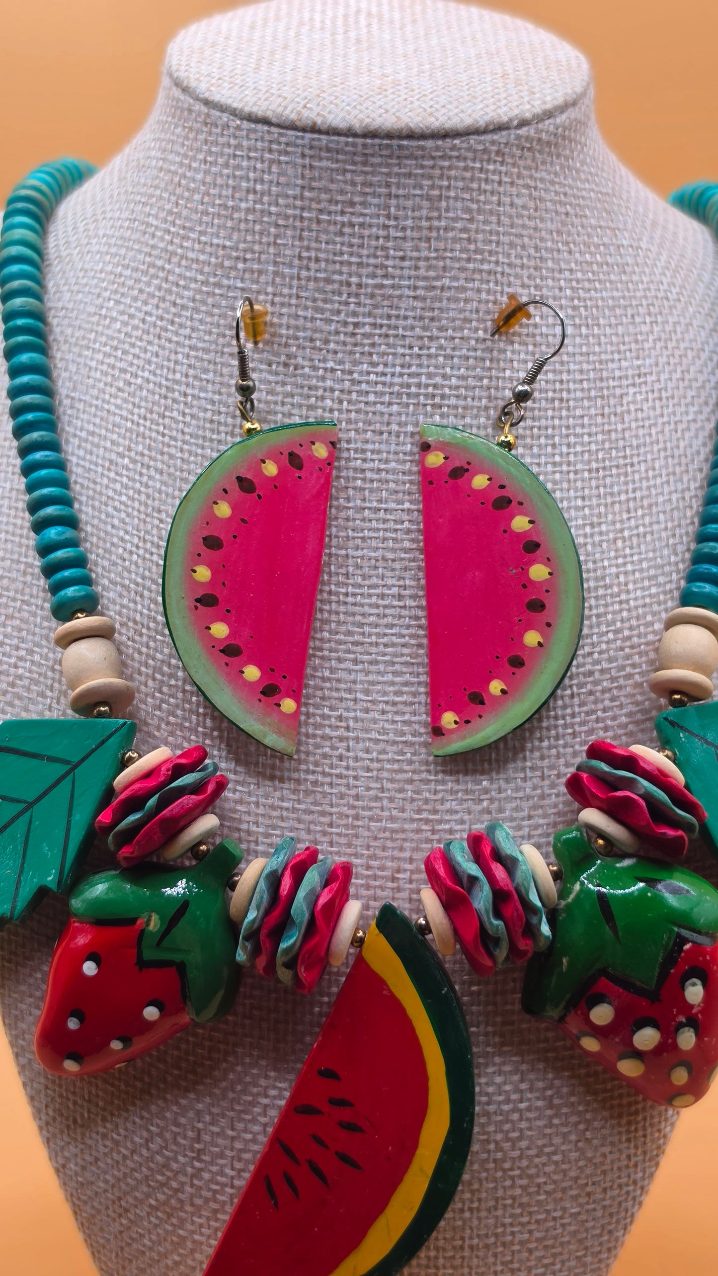 Vintage Fruit Salad Watermelon Strawberry Statement Necklace Wooden Bead Bib