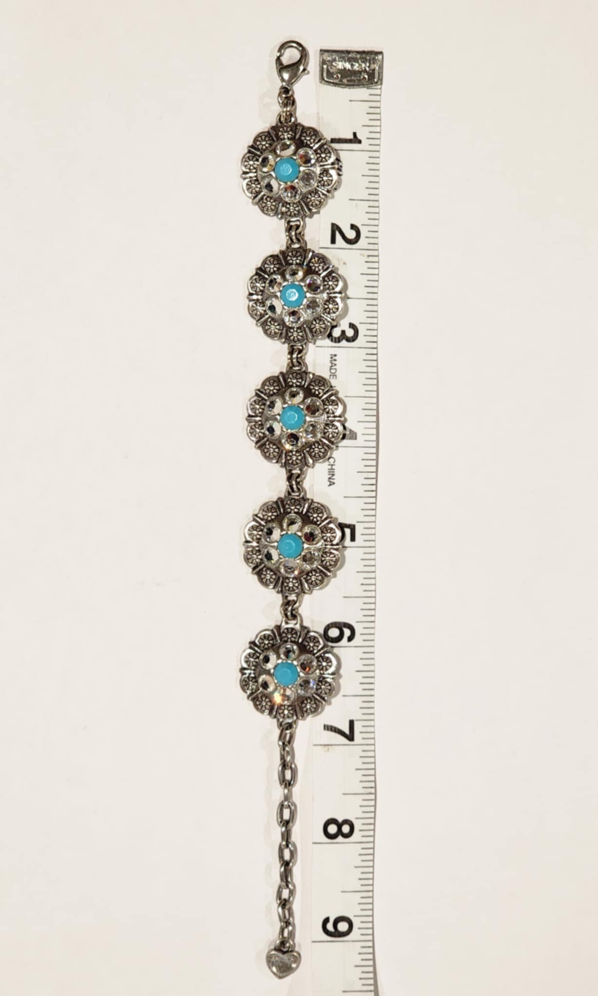 Silver Tone Turquoise & Rhinestone Floral Bracelet + Earrings Jewelry Set