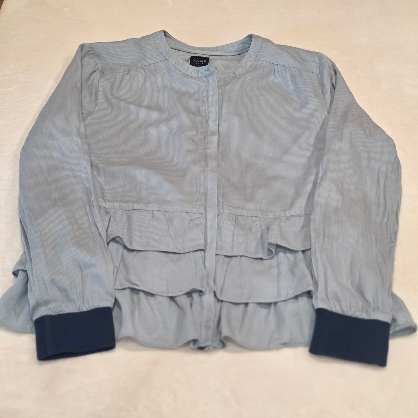 Kaari Blue Light Wash Ruffle Hem Zip Front Jacket Top Peplum – Women’s Large