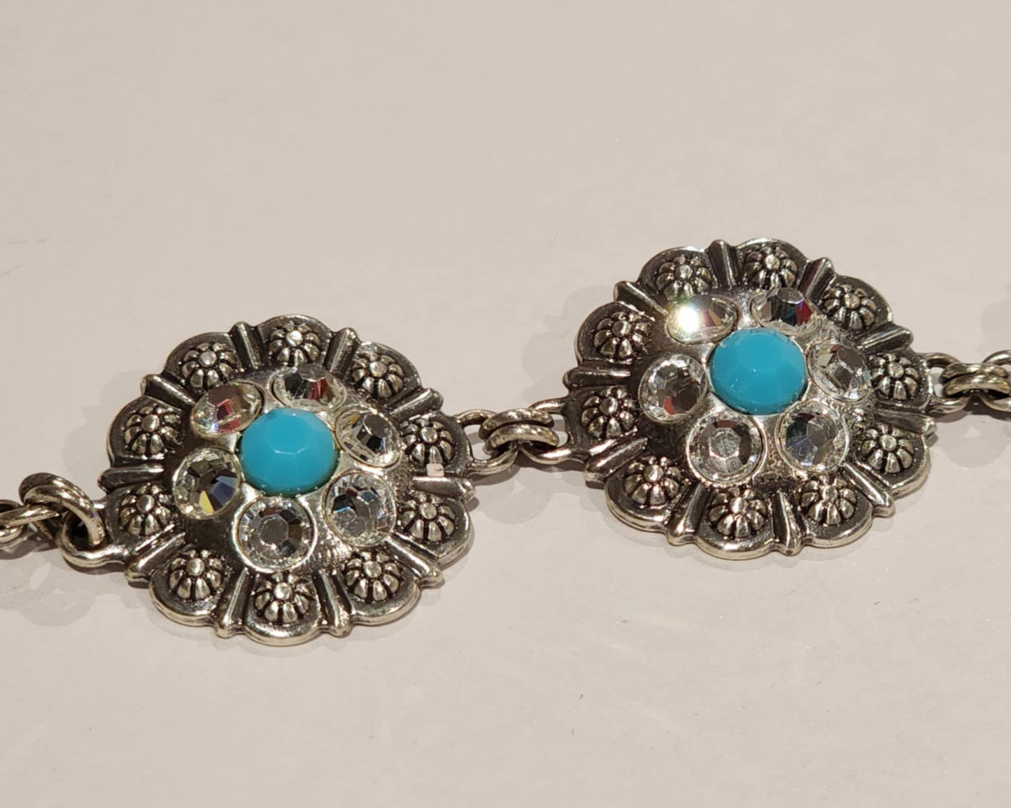 Silver Tone Turquoise & Rhinestone Floral Bracelet + Earrings Jewelry Set